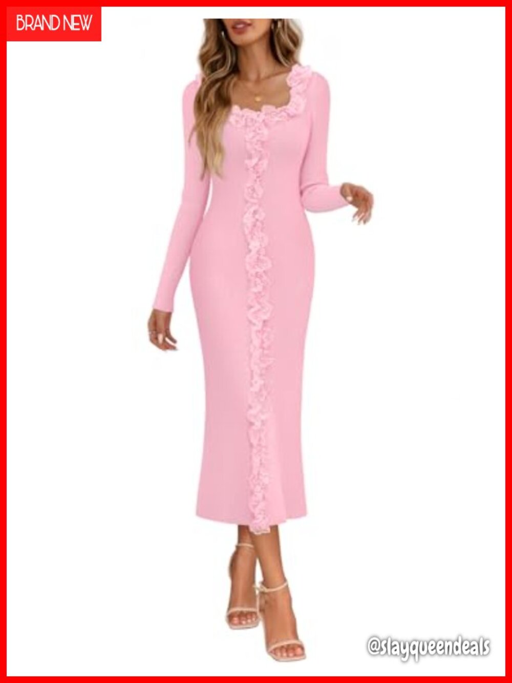 Womens Long Sleeve Ruffle Trim Bodycon Sweater Midi Dress Square Neck